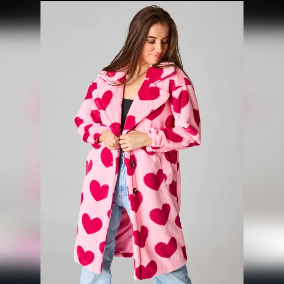 Buddy Love Zoey Oversized Faux Fur Coat in Blossom pink heart print NWT - Picture 1 of 10